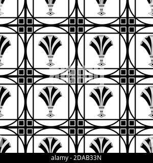 Vector art deco decorative grid and fanning stylized flowers. Seamless monochrome pattern background. Backdrop with regular ornate square boxes filled Stock Vector