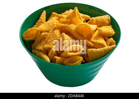 Walkers Bugles cheese flavour corn snack in colourful green bowl isolated on white background Stock Photo