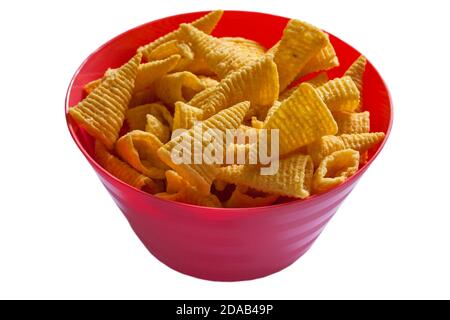 Walkers Bugles cheese flavour corn snack in colourful red bowl isolated on white background Stock Photo