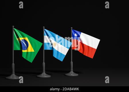 3D illustration of the national flags of Brazil,Portugal and Chile on a metal flagpole fluttering on black background.Concept of export-import,transpo Stock Photo