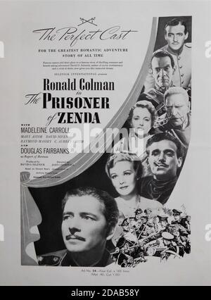 RONALD COLMAN MADELEINE CARROLL DOUGLAS FAIRBANKS Jr MARY ASTOR C.AUBREY SMITH RAYMOND MASSEY and DAVID NIVEN in THE PRISONER OF ZENDA 1937 director JOHN CROMWELL novel Anthony Hope screenplay John L. Balderston music Alfred Newman costumes Ernest Dryden art direction Lyle R. Wheeler producer David O. Selznick  Selznick International Pictures / United Artists Stock Photo