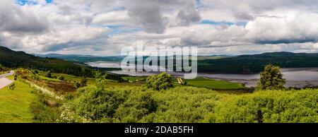 A view of Dornoch Firth looking towards Bonar Bridge from the Struie Hill viewpoint on the B9176 in Ross & Cromarty, Scotland. June. Stock Photo
