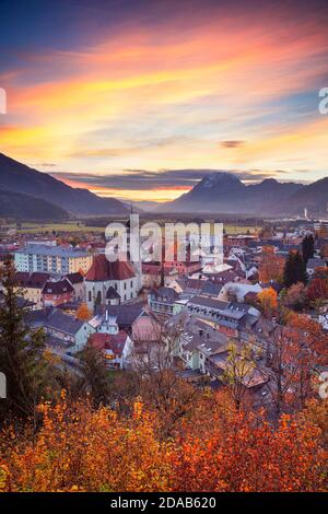Liezen, Austria. Cityscape image of Liezen, Austria at beautiful autumn sunset. Stock Photo