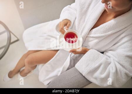 High shot of the peaceful client with the cup Stock Photo