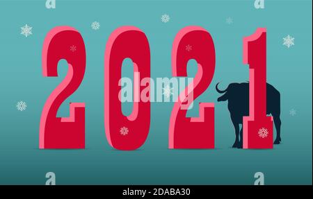 Greeting card design template for 2021 New Year of the ox, bull, cow. Lunar new year 2021. Zodiac sign for greetings card, invitation, banners, calendar. Vector poster Stock Vector