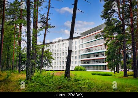 Paimio Sanatorium, designed by Finnish architect Alvar Aalto and completed 1933, is surrounded by pine forest. Paimio, Finland. September 5, 2020. Stock Photo