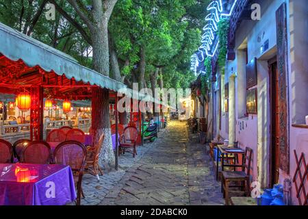 Scene along a canal-side alley in the small water town of Tongli, China. Stock Photo