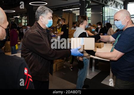 KYIV, UKRAINE - May. 02, 2020: Coronavirus epidemic in Ukraine and help to the poor. Thousands food packages from the Poroshenko Foundation sent to pe Stock Photo