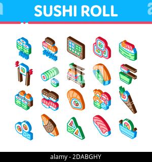 Sushi Roll Asian Dish Isometric Icons Set Vector Stock Vector