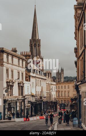 Bath, UK - October 04, 2020: People on Broad Street in Bath, the largest city in the county of Somerset known for and named after its Roman-built bath Stock Photo