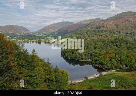 Looking across Grasmere lake from Loughrigg Terrace Fell in autumn Lake District National Park Cumbria England UK United Kingdom GB Great Britain