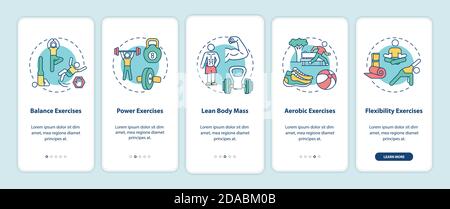 Exercises onboarding mobile app page screen with concepts Stock Vector