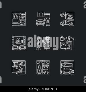 Drive in services chalk white icons set on black background Stock Vector