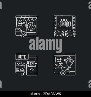 Drive in services chalk white icons set on black background Stock Vector