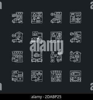 Drive through services chalk white icons set on black background Stock Vector