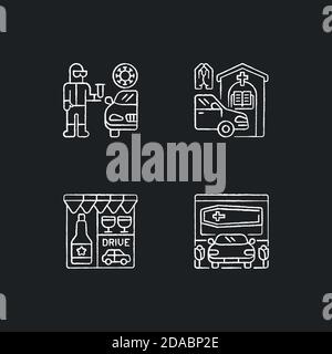 Drive thru services chalk white icons set on black background Stock Vector