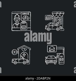 Car in drive thru lane chalk white icons set on black background Stock Vector