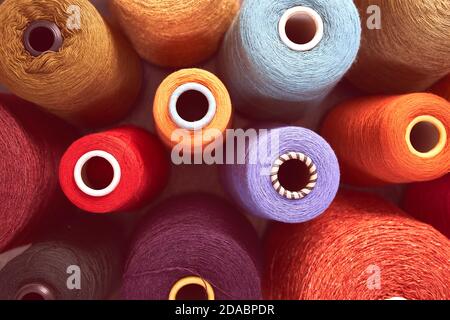 Composition of colorful vibrant wool threads Stock Photo