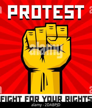Fist male hand, symbol of the proletarian revolution. Yellow strong fist on red background. Sign of anger, strength, protest, fight. Illustration, vec Stock Vector
