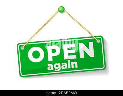 Open again sign. Hotels restaurants cafe shops finally open. Reopening after corona quarantine. Corona global problem. Illustration, vector Stock Vector