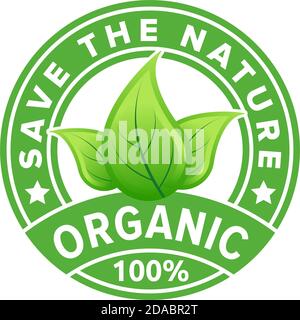 Organic stamp. Green ecologic natural style on stamp. Frame with text and leaves icon. Modern eco business element for product. Illustration, vector. Stock Vector