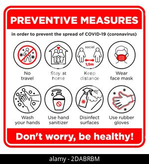 Preventive measures against coronavirus line icons set. Design elements distance, wash disinfect hands, wear face mask and gloves,  stay home with edi Stock Vector