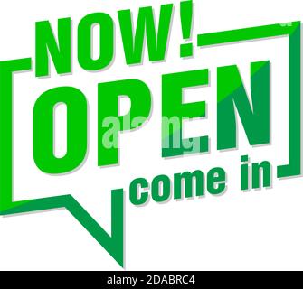 Open now green sticker. Pointer with torn square brackets. Web banner on transparent background. Illustration, vector Stock Vector