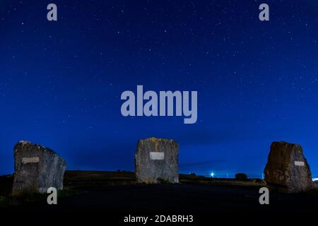 EBBW VALE, UK - JULY 22 2020: Comet Neowise over the Aneurin Bevan monument stones on the hillside between the towns of Ebbw Vale and Tredegar in Sout Stock Photo