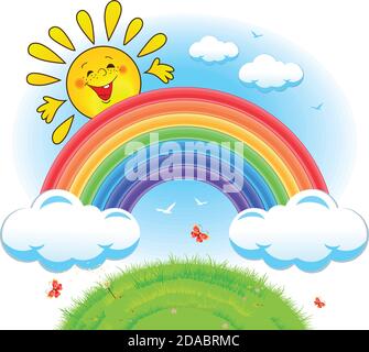 Colorful rainbow with clouds and the sun against the blue sky and green grass. Summer background design concept, vector Stock Vector