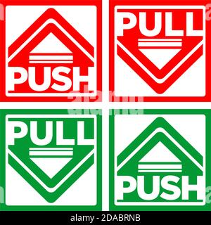 Arrows pointing Push or Pull to open door. Stickers set on transparent background. Illustration, vector. Stock Vector