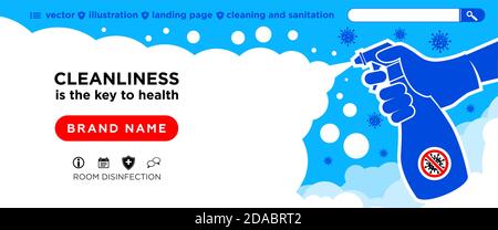 Landing page cleaning company. Hand in gloves holds bottle of antiseptic spray. Cleaning, disinfection, antibacterial treatment of rooms in order to a Stock Vector