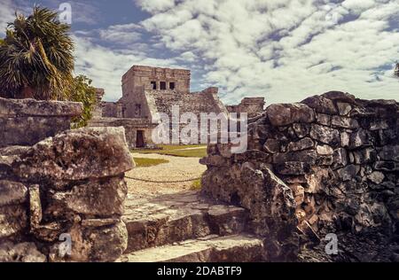 Temple of the frescos in the Mayan complex of Tulum, in Mexico taken during the sunset Stock Photo