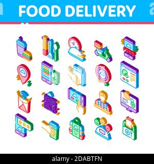 Food Delivery Service Isometric Icons Set Vector Stock Vector