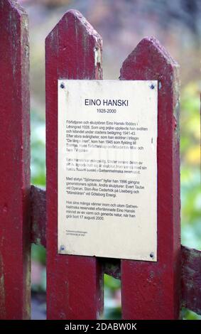 Tourist information sign about sculptor Eino Hanski in Gothenburg Stock Photo