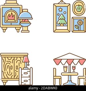Home decorations and furniture RGB color icons set Stock Vector