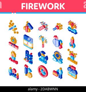 Firework Pyrotechnic Isometric Icons Set Vector Stock Vector