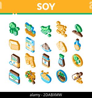 Soy Bean Food Product Isometric Icons Set Vector Stock Vector
