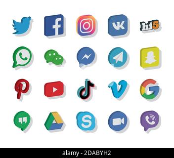 social networks and instant messaging logo icon set over white background, isometric style, vector illustration Stock Vector