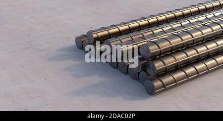 Reinforcing steel bars, metal round rebars rods stack on industrial floor background. Reinforced concrete construction concept. 3d illustration Stock Photo