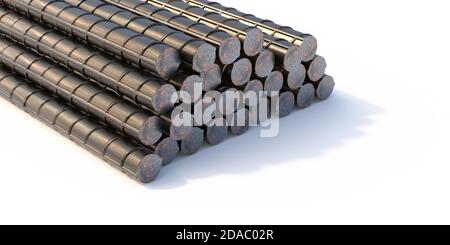 Reinforcing steel bars, metal round rebars rods stack isolated on white background. Reinforced concrete construction concept. 3d illustration Stock Photo