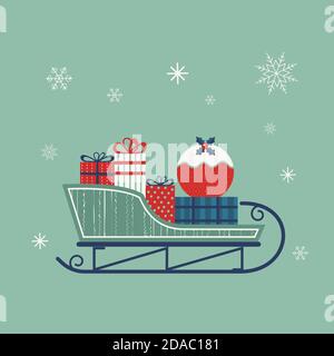 Santa sleigh with presents flat color vector icon Stock Vector