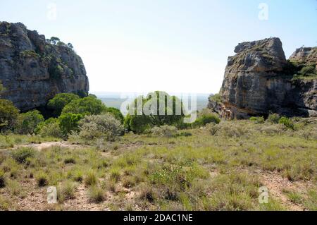 Grassland, dry forest, and rocky outcrops in Isalo National Park, Madagascar Stock Photo