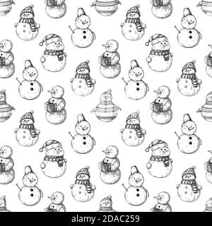 Christmas seamless pattern with snowmans. Sketch, vector Stock Vector