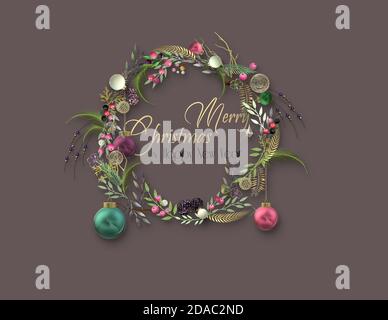 Holiday festive Christmas card with Xmas floral 3D wreath, Xmas balls baubles, gold text Merry Christmas Happy New Year on brown dark background. 3D illustration Stock Photo