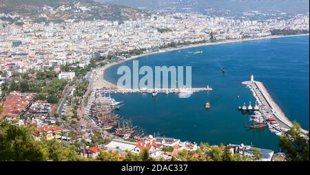 Alanya, Turkey-circa Oct, 2020: Alanya city and port aerial panoramic view, Antalya, Turkey Stock Photo