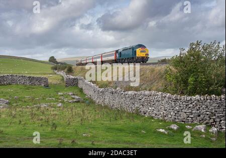 Preserved class 40 diesel locomotive 40145 passing Selside on the Settle to carlisle railway with the' Staycation Express' tourist train Stock Photo