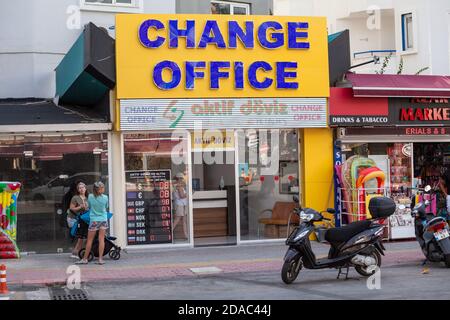 Change office for exchange foreign currency is in center of Turkish city. There are lot of small change points with no comission in downtown. Alanya, Stock Photo
