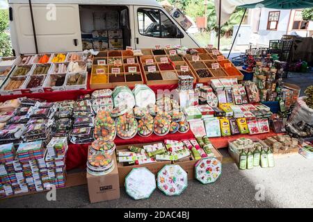 A lot of different herbs and Turkish delights are on the counter at the farmer market in city. A wide array of choices is on sale in large bazaar. Ala Stock Photo