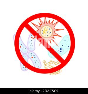 A lot of bright colorful bacterias and virus cells with red forbidden sign on white Stock Vector