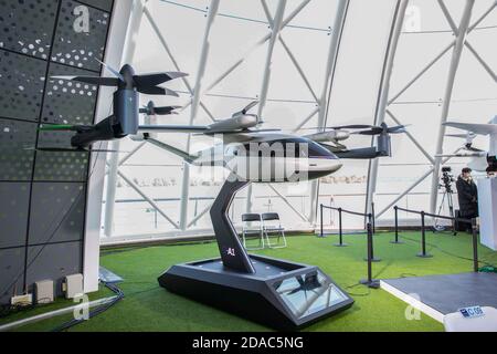 Seoul, South Korea. 11th Nov, 2020. Hyundai Uber drone taxi mockup displayed at Yeouido event area in Seoul, South Korea, for the commercialization of urban air mobility services in 2025. Credit: Ryu Seung-Il/ZUMA Wire/Alamy Live News Stock Photo
